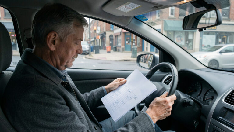 Un homme d’âge mûr consulte des feuilles vierges au volant d’une voiture stationnée dans une rue urbaine.