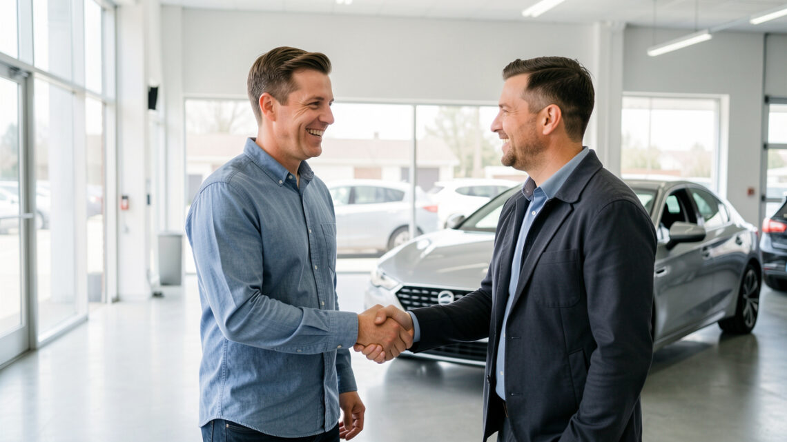 Un conseiller automobile accueille chaleureusement un client dans un garage moderne et lumineux, avec une voiture visible à l’arrière-plan.