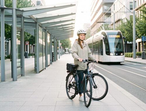 Une jeune femme attend calmement un tramway moderne avec son vélo dans un environnement urbain contemporain et serein.
