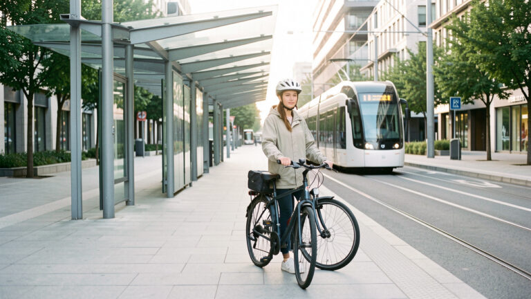 Une jeune femme attend calmement un tramway moderne avec son vélo dans un environnement urbain contemporain et serein.