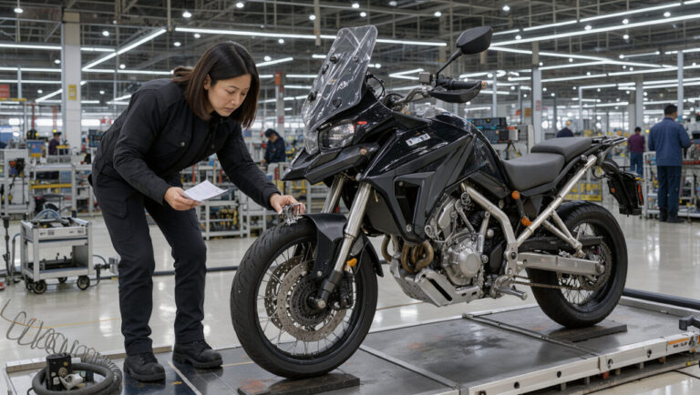 Une journaliste moto examine un trail chinois moderne dans une usine d’assemblage propre, avec des chaînes de production et des postes de contrôle qualité en arrière-plan.
