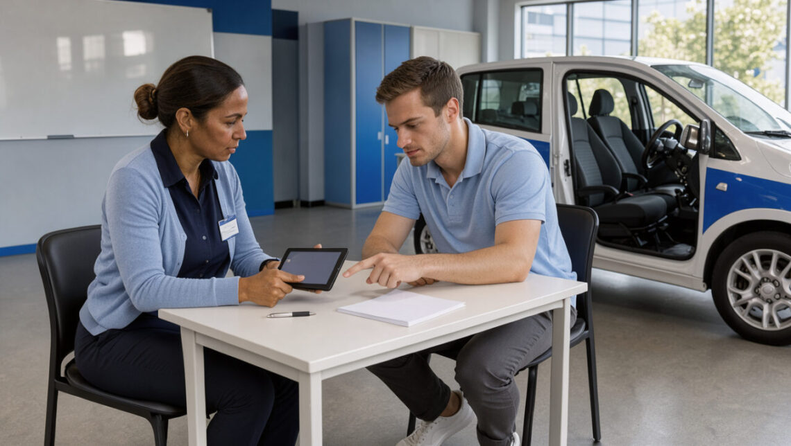 Une monitrice et un jeune élève consultent ensemble une tablette dans une auto-école moderne à l’ambiance professionnelle.