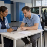 Une monitrice et un jeune élève consultent ensemble une tablette dans une auto-école moderne à l’ambiance professionnelle.