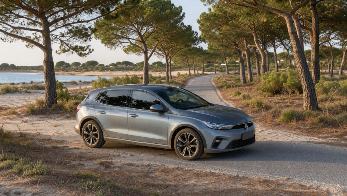 Voiture familiale circulant sur une route bordée d’arbres près du Bassin d’Arcachon, dans une lumière douce et une ambiance sereine.