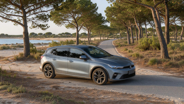 Voiture familiale circulant sur une route bordée d’arbres près du Bassin d’Arcachon, dans une lumière douce et une ambiance sereine.