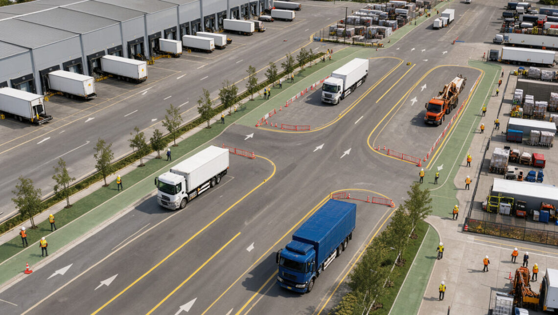 Vue aérienne d’un site logistique moderne avec des poids lourds circulant sur des voies balisées et des piétons séparés par des cheminements protégés.