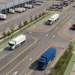 Vue aérienne d’un site logistique moderne avec des poids lourds circulant sur des voies balisées et des piétons séparés par des cheminements protégés.